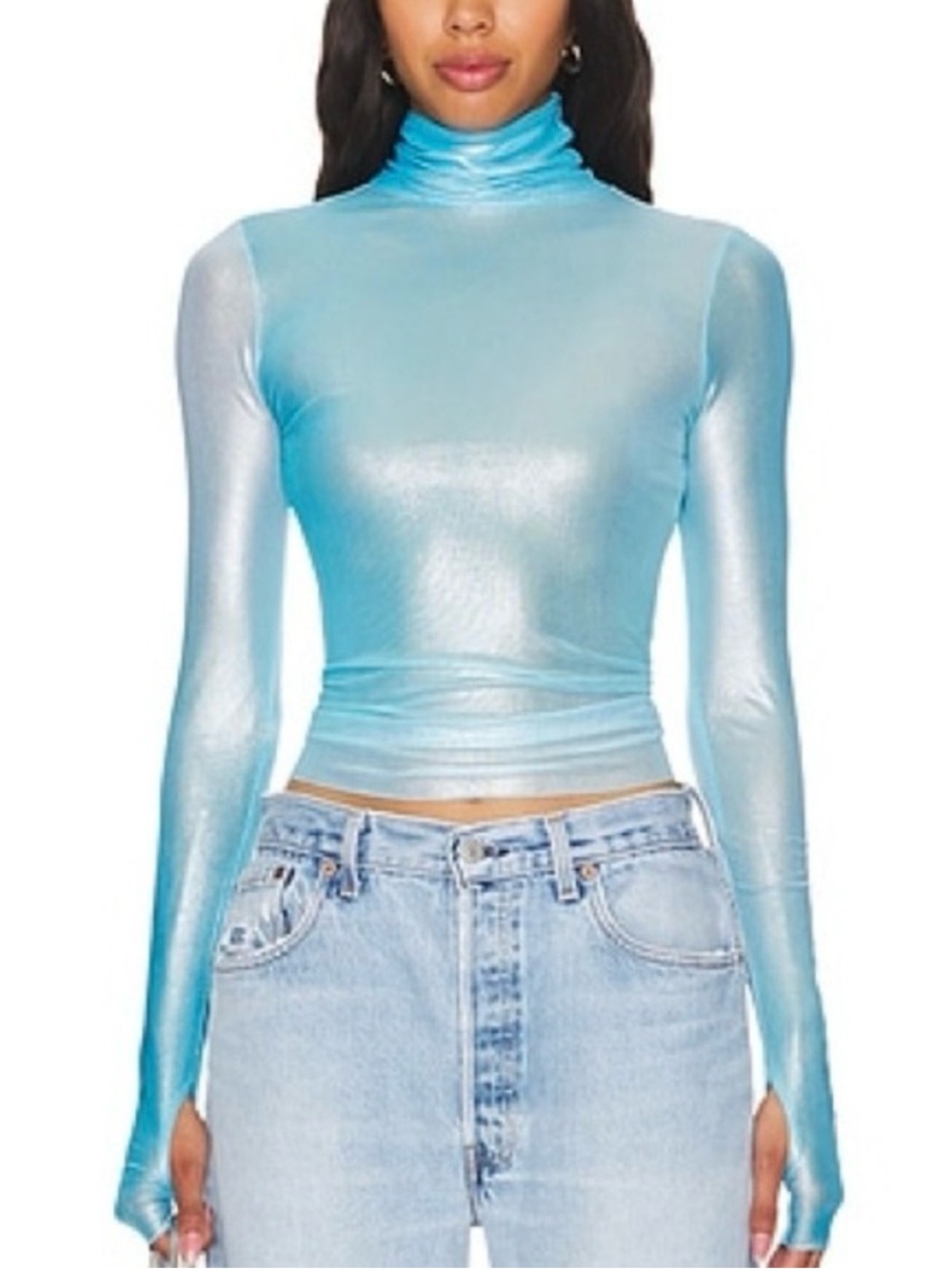 AFRM Metallic Light Blue Sheer Turtleneck Long Sleeve Top